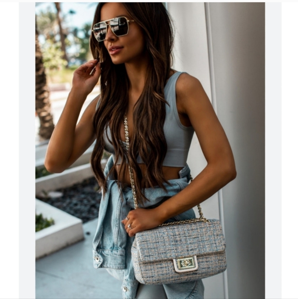 Karl Lagerfeld Paris Tweed Shoulder Bag in Mist Green - Picture 2 of 14